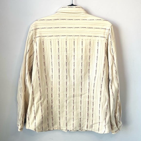 Vtg Woolrich Women’s Cream Burgundy/Red Tan Striped Cotton Button-Up Shirt Sz L - Picture 7 of 15